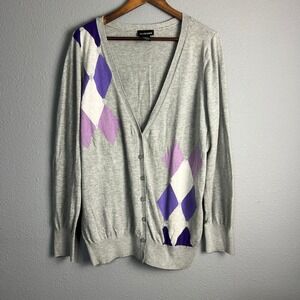 Lane Bryant Argyle Cardigan Sweater V Neck Button Front Gray Purple‎ Plus Size
